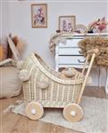 Poppenwagen Ecru met  dekens ecru + pompons + beige dekens-set