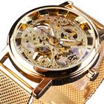 Luxe horloge met gouden kast voor heren - Horloge met leren of mesh bandje Transparant mechanisch sk