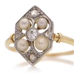 Antique Edwardian Hexagon shaped - 18 karaat Geel goud, Platina - Ring Diamant - Parels