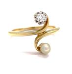 Zonder Minimumprijs - Toi & Moi - 0.10 ct Diamant - Perle - Ring - 18 karaat Geel goud, Platina