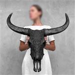GEEN RESERVE PRICE - Skull Art - Grote authentieke handgesneden zwarte buffelschedel - Bloemenmotief