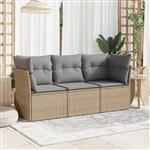 vidaXL 3-delige Loungeset met kussens poly rattan beige