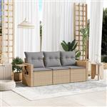 vidaXL 3-delige Loungeset met kussens poly rattan beige