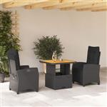 vidaXL 3-delige Tuinset met kussens poly rattan zwart