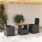 vidaXL 3-delige Tuinset met kussens poly rattan zwart