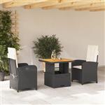 vidaXL 3-delige Tuinset met kussens poly rattan zwart
