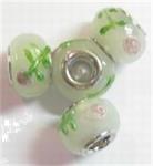 Per stuk Glaskraal European style melkwit met bloemen 14 mm
