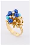 Gouden ring met lapis lazuli, turkoois en briljanten.