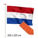 Actieset geschikt voor een 6 meter mast: Nederlandse vlag (standaard- of marineblauw) 150x225cm en o