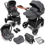 BabyGO Halime - Combi Kinderwagen - Zwart frame - Grijs (incl. autostoel)