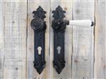Set: 1 deurknop Pinto + 1 deurkruk (handvat porselein ivoorkleurige) + 2 deurplaten engel - Antieke 