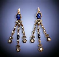 Oorbellen - Antieke hanger oorbellen Russische 56 gouden diamanten natuurlijke topazen circa 1890