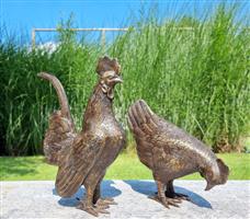 Beeldje - A rooster and chicken - Gepatineerd brons