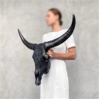 Skull Art - Handgesneden grote zwarte buffelschedel - Groot Lotusmotief - Gesneden schedel - Bubalus