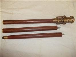 Wooden 3-piece walking stick, heavy brass handle with telescope and compass - Wandelstok - Wood and 