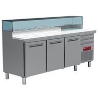 Pizzeria koeltafel, 3 deuren en 600x400, 3 neutrale laden en 600x400, gekoelde structuur 8x gn &amp;