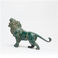 Beeld, No Reserve Price - Majestic Dark Green Patinated Bronze Roaring Lion - 15 cm - Brons