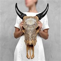 GEEN RESERVE PRICE- Handgesneden bruine koeienschedel - Motormotief - Gesneden schedel - Bos Taurus 