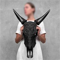 GEEN RESERVE PRIJS - Skull Art - Authentieke handgesneden bruine koeienschedel - Bladsnijwerk- Gesne