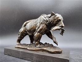 Beeld, Bronze Grizzly Bear with Salmon - 12.8 cm - Brons, Marmer
