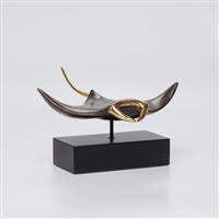sculptuur, NO RESERVE PRICE - Bronze Manta Ray Sculpture with Polished Accents on Base - 16 cm - Bro