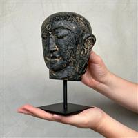 Beeld, NO RESERVE PRICE - Javanese Budha Head on a custom stand - 18 cm - Lavasteen - 2024
