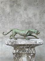 Beeld, NO RESERVE PRICE - Bronze Patinated Hunting Leopard - 13 cm - Brons