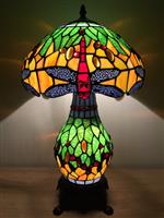 NO RESERVE! - Tiffany tafellamp Studio style Green Dragonfly met 2 lichtpunten! - Tafellamp - Glas