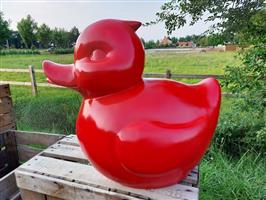 Beeld, large red bath duck or garden statue - 43 cm - polyresin
