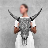 GEEN MINIMUMVERKOOPPRIJS - Skull Art - Handgesneden grijze koeienschedel met Boheemse gesneden hoorn