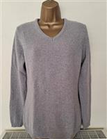Lange Grijze Lamswollen V-Hals Trui - Medium