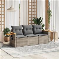 vidaXL 3-delige Loungeset met kussens poly rattan grijs