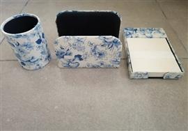 Vintage 3-Delige Bureauset in Blauwe Toile de Jouy