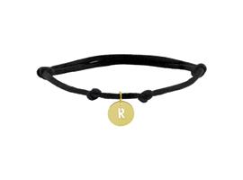 Zwarte Knooparmband met 14K Gouden Ronde Letter Hanger R