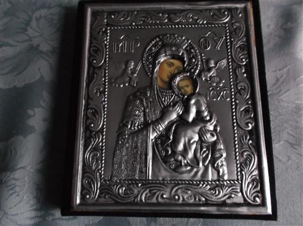 Grote foto zilveren icoon heilige maria met kind jezus antiek en kunst religie