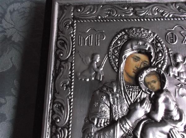 Grote foto zilveren icoon heilige maria met kind jezus antiek en kunst religie