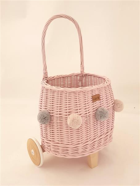 Grote foto opbergmand voor speelgoed op wielen met pompons roze roze pompons roze grijs kinderen en baby complete kinderkamers