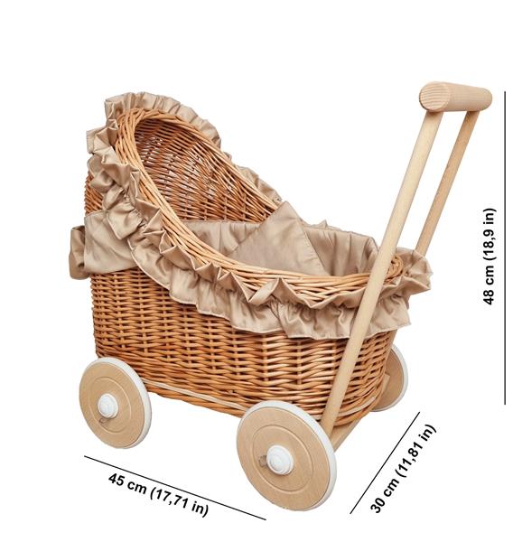 Grote foto poppenwagen met beige dekens en ruches ecru beige ruche en dekens kinderen en baby poppen