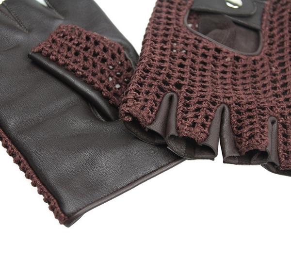 Grote foto swift vintage vingerloze crochet leren handschoenen zwart bruin motoren kleding