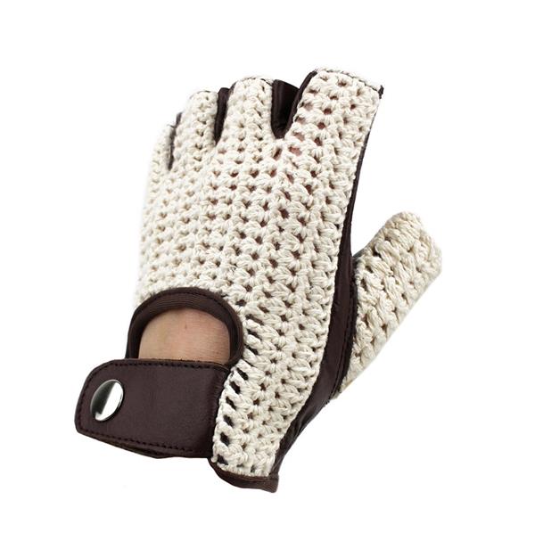 Grote foto swift vintage vingerloze crochet leren handschoenen donkerbruin motoren kleding