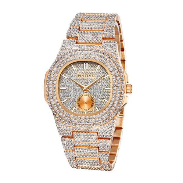 Grote foto full diamond luxe horloge voor heren roestvrij staal kwarts uurwerk met opbergdoosje rose gold kleding dames horloges