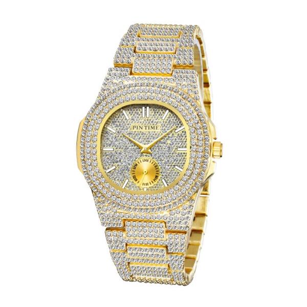 Grote foto full diamond luxe horloge voor heren roestvrij staal kwarts uurwerk met opbergdoosje goud kleding dames horloges