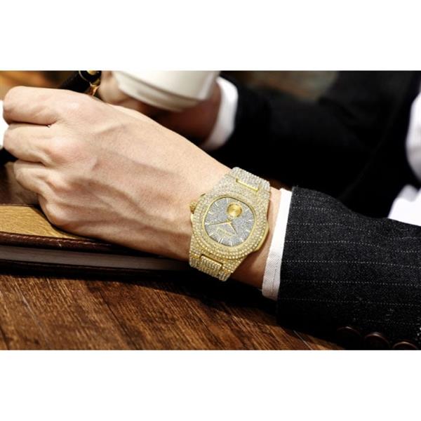 Grote foto full diamond luxe horloge voor heren roestvrij staal kwarts uurwerk met opbergdoosje goud kleding dames horloges