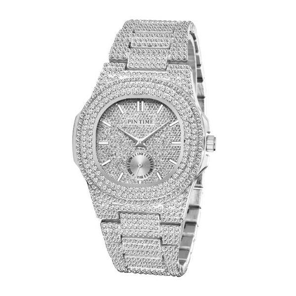 Grote foto full diamond luxe horloge voor heren roestvrij staal kwarts uurwerk met opbergdoosje zilver kleding dames horloges