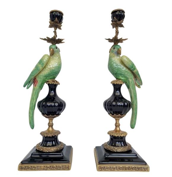 Grote foto papegaaien kaarsenhouder brons porselein antiek en kunst curiosa en brocante