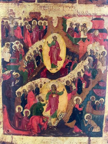 Grote foto icoon opstanding en 16 feesten en 4 evangelisten hout antiek en kunst curiosa en brocante