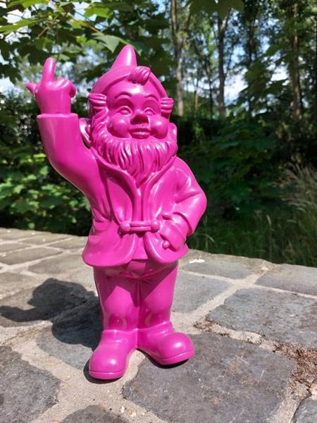 Grote foto beeld naughty fuchsia gnome with middle finger 30 m polyresin antiek en kunst curiosa en brocante