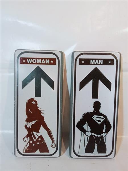 Grote foto cartello wc toilette 15x35 cm catarifrangente verkeersbord superman wondervrouw metaal antiek en kunst curiosa en brocante