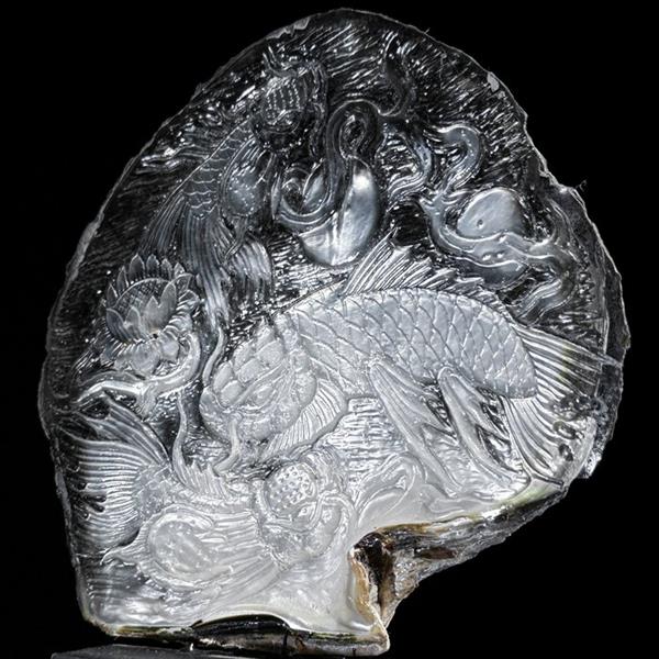 Grote foto geen reserve prijs gesneden parelmoer schelp japans koi vis motief zeeschelp pinctada maxima antiek en kunst curiosa en brocante