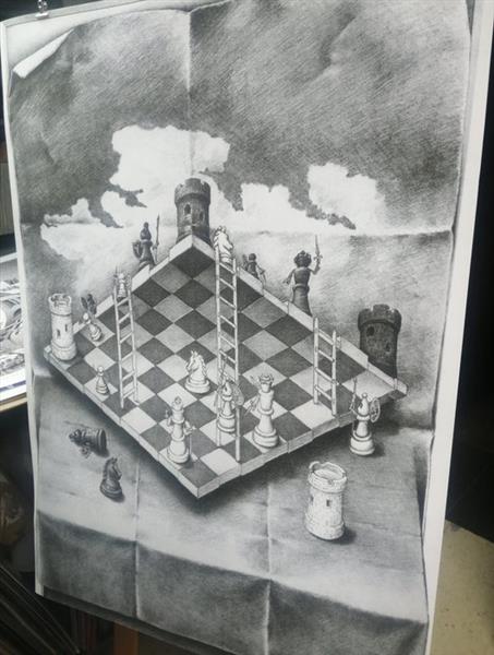 Grote foto rolansky escuela tipo escher ajedrez imposible chess ilusion optica perspectiva imposible antiek en kunst curiosa en brocante